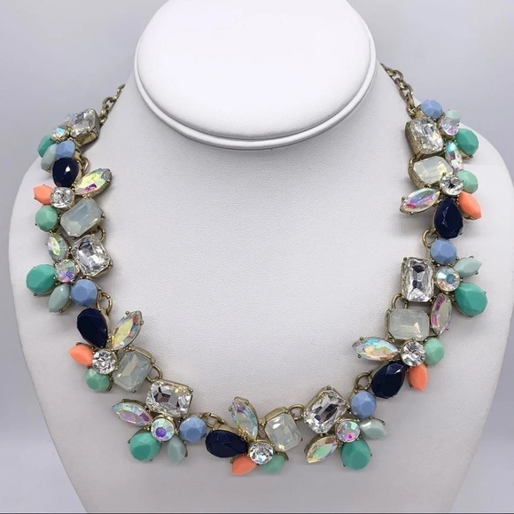 J. Crew Mint Green Navy Opalescent Jeweled Necklace - Picture 1 of 4